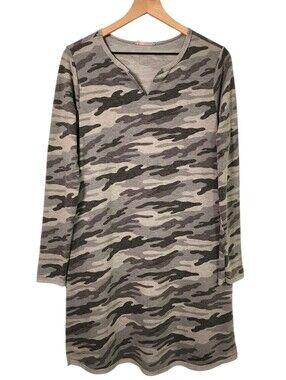 Ces Femme Womens Medium Long Sleeve Midi Camo Dress Tunic Pullover V-Neck